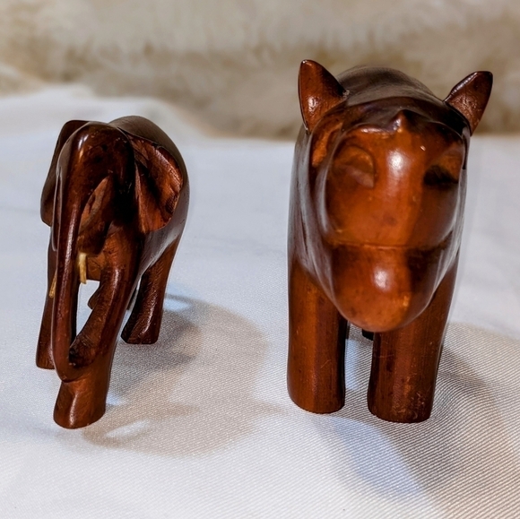 Carved Wooden Elephant & Hippo - Picture 2 of 6